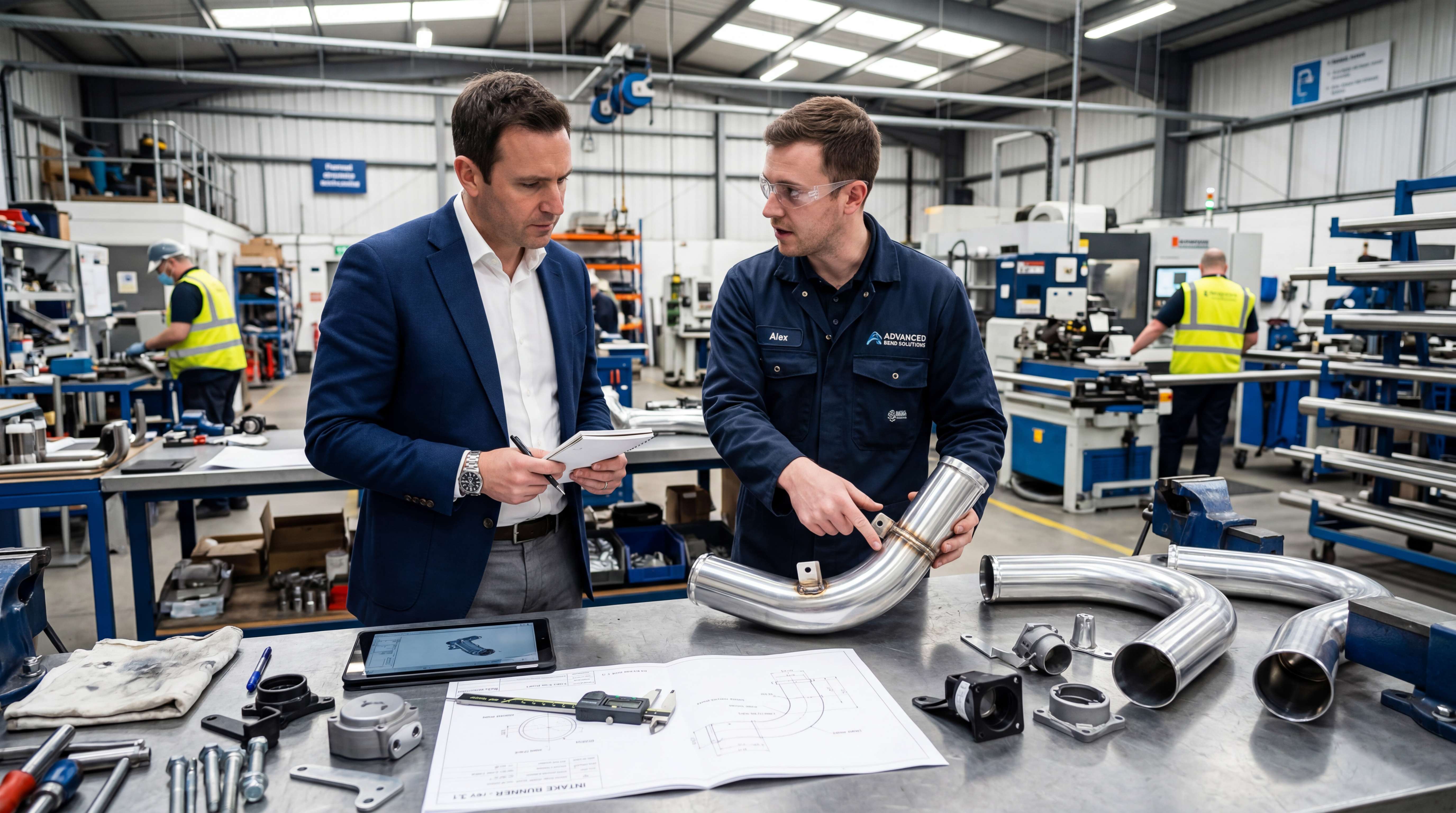 B2B buyer and intake pipe supplier reviewing aluminum intake tube fitment, bending accuracy and production drawings in a factory workshop